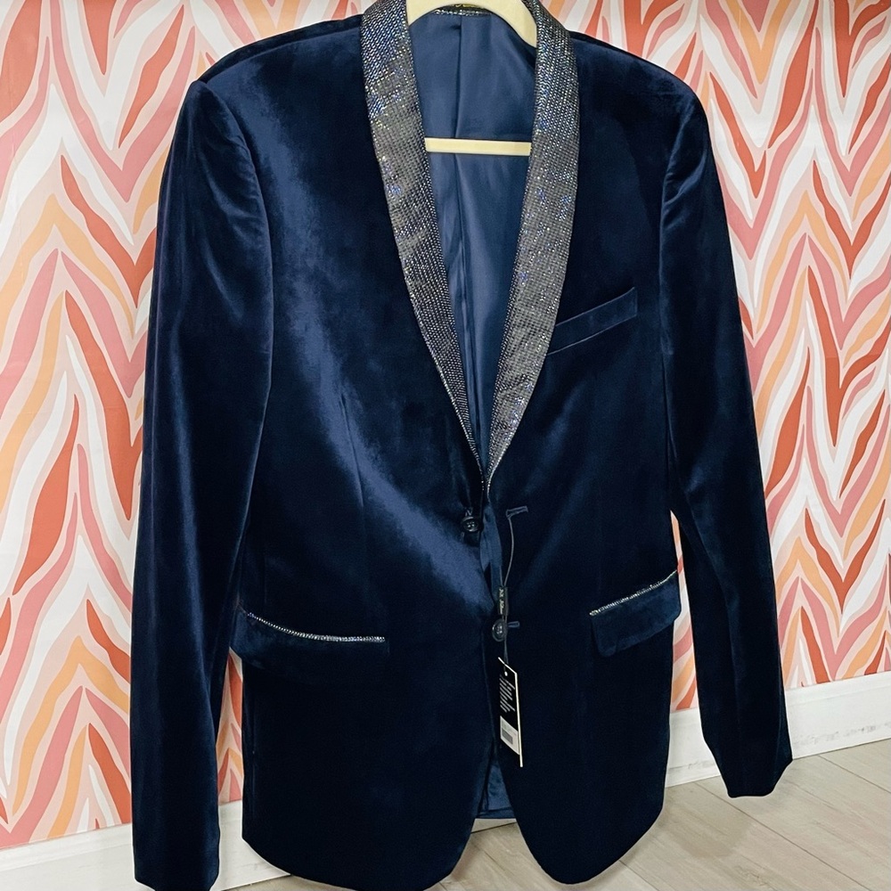 Elegant Navy Velvet Blazer with Metallic Trim NWT